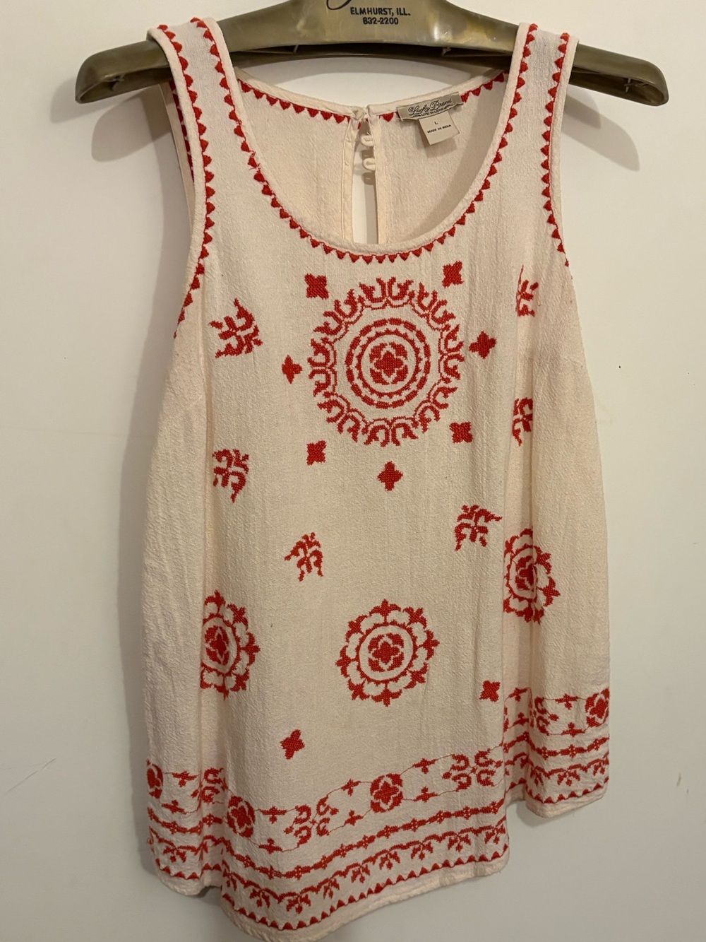 Lucky Brand Cream Live in Love Embroidered Tank Women’s Large BoHo